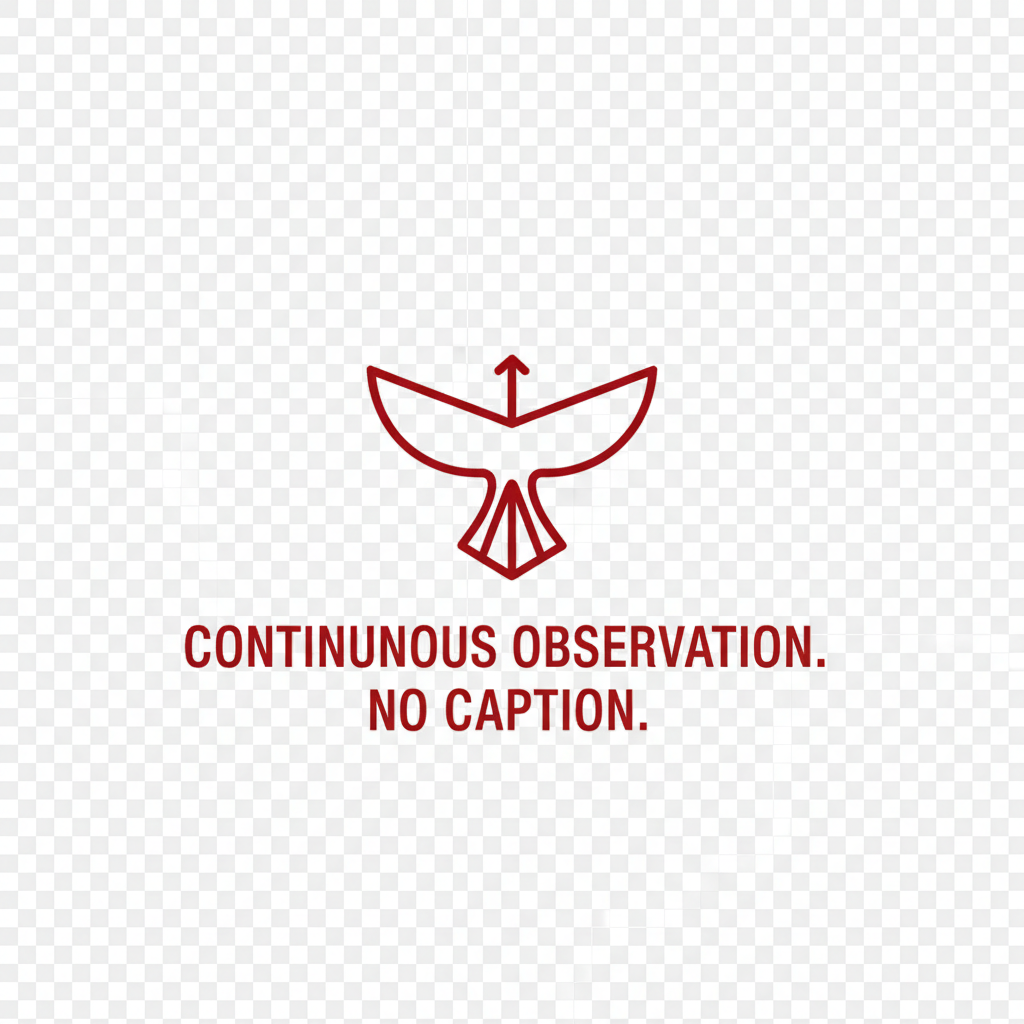 Classic, minimalist red logo that works as a symbol for a motorsport/observation brand. Use fine, elegant linework to suggest speed and precision, without drawing a literal car. Include the English slogan: "Continunous observation. No caption." in a clean, timeless typeface. White or transparent background, high contrast, suitable for small favicon and header logo.