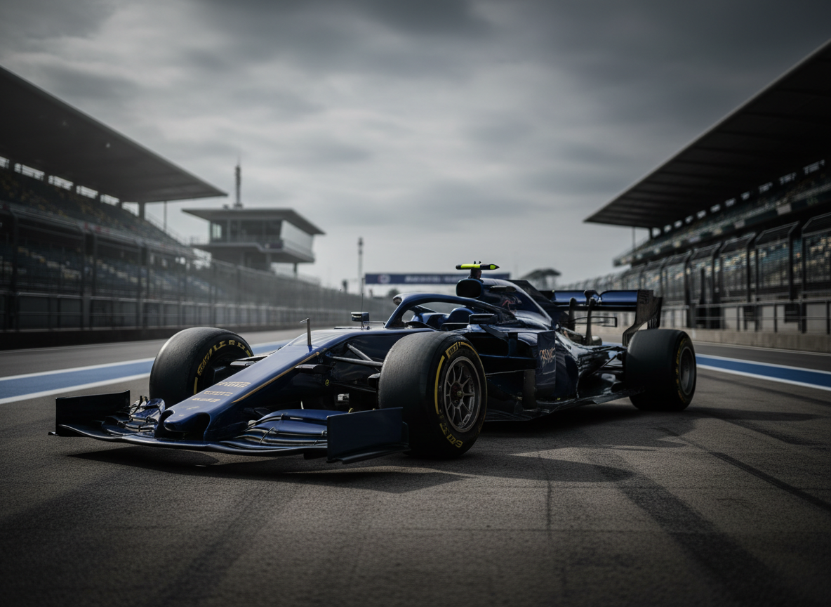 A gleaming modern Formula 1 car in deep midnight blue with subtle gold accents sits alone on a spotless, dark concrete pit lane, track stretching into the distance under a brooding sky. The carbon fiber bodywork catches diffused overcast light, revealing intricate aero surfaces and razor-sharp edges. Soft cinematic sidelighting and low-lying mist create thin beams of light that graze the car’s contours, casting elongated, precise shadows. Captured from a low-angle three-quarter front view with a wide lens, the composition emphasizes power and elegance while keeping the grandstands and pit buildings as blurred, atmospheric shapes. The mood is sophisticated, analytical, and anticipatory, with photographic realism and a restrained color palette suitable for a premium motorsport news publication.