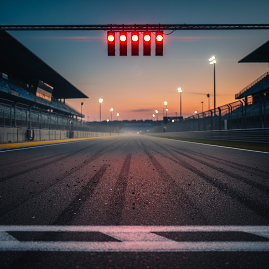 A dramatic, low-angle cinematic view from just behind the white starting line of a Formula 1 circuit at dusk, with the grid empty but tire marks, rubber debris, and heat haze shimmering lightly above the asphalt. Overhead starting lights—red, then blank—hang over the track, rendered in hyper-real detail with subtle lens flare. Grandstands, safety barriers, and distant floodlights form a blurred, geometric backdrop. The sky transitions from deep blue to warm amber near the horizon, casting a soft, directional glow that grazes the textured track surface. The composition uses strong leading lines pulling the eye down the main straight, evoking potential and tension. The scene feels sophisticated, restrained, and contemplative, ideal for a news site focused on the nuances of race starts and strategy.